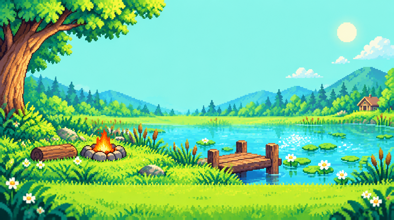 A sunny pixel-art pond surrounded by leafy trees, flowers, and a grassy clearing